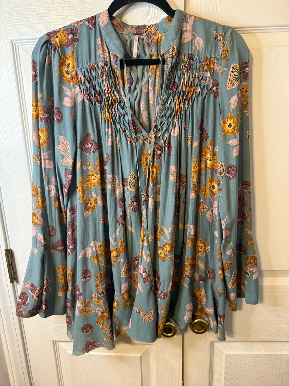 Free People Sage Blue Floral Puff-Sleeve Blouse